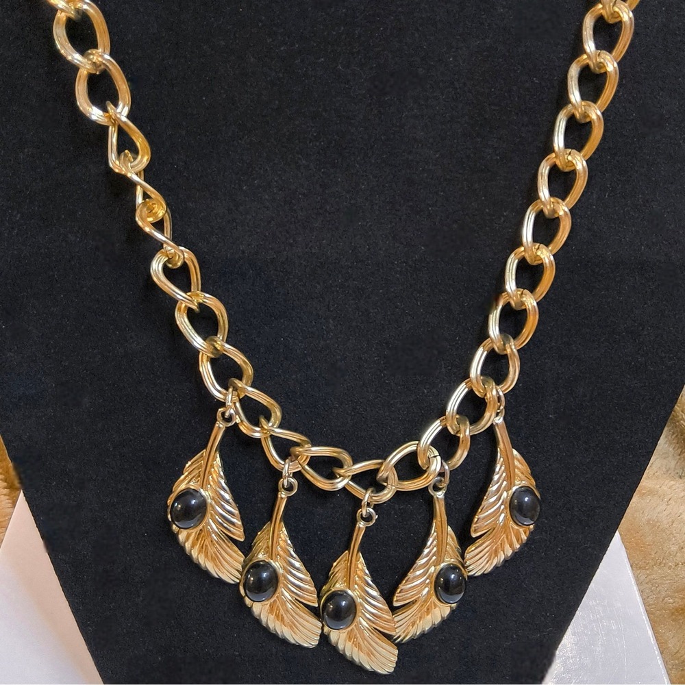 Vintage 1970s Brutalist Gold Tone Black Cabochon Feather Bib Necklace 16"